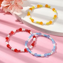 3 pièces 3 couleurs trois séries de couleurs primaires perles de rocaille en verre bracelets de perles extensibles&nbsp;BJEW-JB09990
