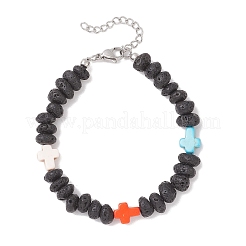 Браслеты из бисера с крестом из синтетической бирюзы и натуральными самородками лавы&nbsp;BJEW-JB12194
