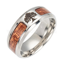 Anillos de dedo de banda ancha de acero inoxidable, con acacia, árbol, tamaño de 8, color acero inoxidable, 18.2mm