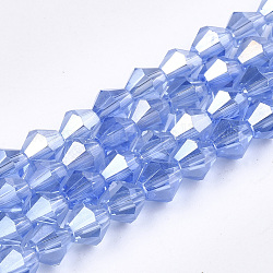 Abalorios de vidrio electroplate hebras, color de ab chapado, facetados, bicono, azul aciano, 6x5.5~6mm, agujero: 1 mm, aproximamente 47~48 pcs / cadena, 10.83 pulgada (27.5 cm)