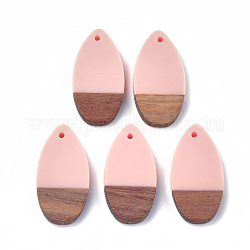 Resin & Walnut Wood Pendants, teardrop, Pink, 31x16x3.5~4mm, Hole: 1.5mm