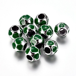 Metall Großlochperlen, mit Emaille, Rondell, silberfarben plattiert, grün, 9~10x8 mm, Bohrung: 4 mm