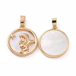 Brass Shell Pendants, Flat Round with Angel Charms, Real 18K Gold Plated, 18x16x2mm, Hole: 3x5mm