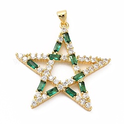 Rack Plating Brass Micro Pave Cubic Zirconia Pendants, Real 18K Gold Plated, Long-Lasting Plated, Lead Free & Cadmium Free, Star, Green, 34x34x3mm, Hole: 4x4mm