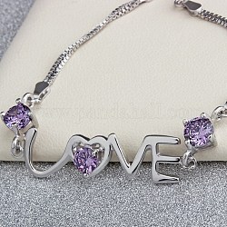 Love Cubic Zirconia Link Bracelet, 925 Sterling Silver Bracelet for Valentine's Day, Purple, Platinum