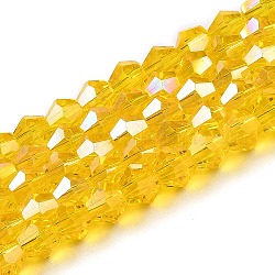 透明電気メッキガラスビーズ連売り  ABカラーメッキ  多面カット  双円錐形  ゴールド  4x4mm  穴：0.8mm  約87~98個/連  12.76~14.61インチ（32.4~37.1cm）