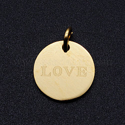 201 Stainless Steel Charms, with Jump Rings, Flat Round with Word LOVE, Golden, 12x1mm, Hole: 3mm
