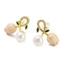 Cubic Zirconia Tulip & Natural Pearl Stud Earrings, Brass Earrings with 925 Sterling Silver Pins, Real 18K Gold Plated, 15x15mm
