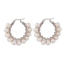 Pendientes de aro trenzados con perlas naturales, 304 joyería de alambre de acero inoxidable para mujer., whitesmoke, 36x37.5x8mm, pin: 0.6 mm