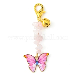 Decorazione pendente a farfalla in smalto lega, schegge di quarzo rosa naturale e ciondoli con fermagli a moschettone, 64mm