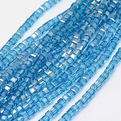 Chapelets de perles en verre électroplaqué, de couleur plaquée ab , facette, cube, bleu ciel, 4x4x4mm, Trou: 1mm, Environ 98 pcs/chapelet, 15.7 pouce