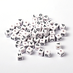 Perle cubo acrilico lettera corta per gioielli per bambini, foro orizzontale, bianco, Dimensioni: su 10 mm, foro : about 3mm