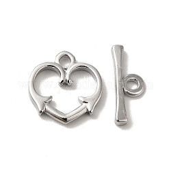 304 Stainless Steel Toggle Clasps, Heart, Stainless Steel Color, Heart: 14x14x2mm, Hole: 1.8mm, Bar: 15.5x6x2mm, Hole: 2mm