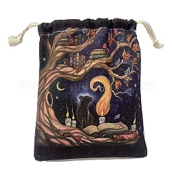 Canvas Cloth Packing Pouches, Drawstring Bags, Rectangle, Cat Pattern, 15~18x13~14cm