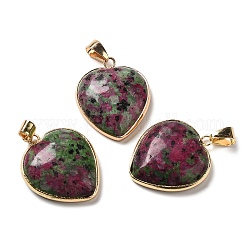 Pendentifs en rubis naturels, breloques de coeur, avec des accessoires en fer doré et en laiton, 29x24~24.5x6~6.5mm, Trou: 7~7.3x3.8~4.3mm