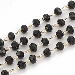 Chaînes de perles de verre faites à la main de 3.28 pied, soudé, avec les accessoires en laiton, facette, rondelle, noir, véritable 18k plaqué or, 3mm
