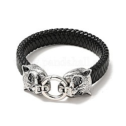 Bracelet cordon tressé imitation cuir pu, 304 bracelet gothique fermoir tigre en acier inoxydable pour homme femme, argent antique, 8-3/4 pouce (22.1 cm)