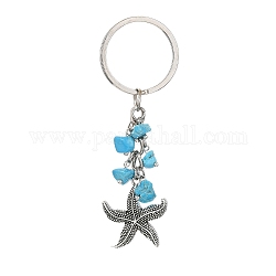 Porte-clés pendentif en alliage, avec anneau porte-clés en fer et puce turquoise synthétique, étoiles de mer, 8.2 cm