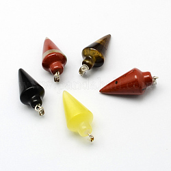 Mixed Cone/Spike Gemstone Pendants with Brass Clasps, Platinum Metal Color, Mixed Color, 34x15mm, Hole: 5x2mm