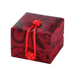 Chinoiserie вышитые шелковые кольца коробки, бархатом и губкой, квадратный, Индийская красная, 70x70x55 мм