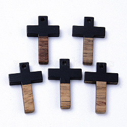 Pendentifs en bois de résine et de noyer, croix, noir, 26x16x3mm, Trou: 1.8mm