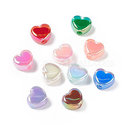 Placage uv perles acryliques irisées arc-en-ciel, deux tons, cœur, couleur mixte, 13x15x8mm, Trou: 3.6mm