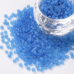 8/0 Glass Seed Beads, Frosted Colors, Round, Round Hole, Sky Blue, 8/0, 3mm, Hole: 1mm, about 1111pcs/50g, 50g/bag, 18bags/2pounds