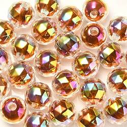 Perles acryliques irisées arc-en-ciel à placage uv bicolore, facette, ronde, café, 15x15.5mm, Trou: 3.8mm