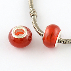 Large Hole Rondelle Resin European Beads, with Silver Color Plated Brass Double Core, Dark Red, 14x9mm, Hole: 5mm