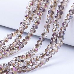 Placcare trasparente perle di vetro fili, mezzo placcato, sfaccettato, rondelle, placcato oro rosa, 6x5mm, Foro: 1 mm, circa 85~88pcs/filo, 16.1~16.5 pollice (41~42 cm)