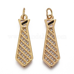 Brass Micro Pave Clear Cubic Zirconia Pendants, with Black & White Enamel and Jump Rings, Long-Lasting Plated, Tie, Real 18K Gold Plated, 24.5x7x2mm, Hole: 3mm