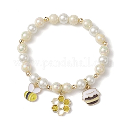 Braccialetti con ciondoli a forma di ape smaltati in lega, con perle rotonde in acrilico e perle di vetro, oro, diametro interno: 2 pollice (5.1 cm)