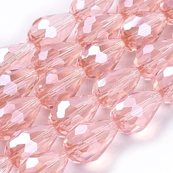 Chapelets de perles en verre électroplaqué, perle plaquée lustre, facette, larme, saumon clair, 15x10mm, Trou: 1.5mm, Environ 44~48 pcs/chapelet, 25.20~28.35 pouce