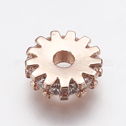 Messing Mikro ebnen Zirkonia Perle Spacer, flache runde / Getriebe, Transparent, Roségold, 8x2 mm, Bohrung: 2 mm