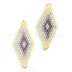 Miyuki & toho perles de rocaille japonaises, Liens faits à la main, motif de losange métier à tisser, couleur d'argent, 42.5~44x19~20x1.5~2mm, Trou: 1~2mm