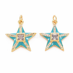 Brass Micro Pave Clear Cubic Zirconia Pendants, with Enamel and Jump Ring, Star, Real 16K Gold Plated, Dark Turquoise, 20x18.5x4.5mm, Hole: 3mm