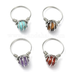 4Pcs 4 Style Natural Mixed Gemstone Round Beaded Finger Rings Set, Copper Wire Wrap Rings, Inner Diameter: 18mm, 1Pc/style