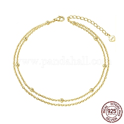 925 tobillera de cadena tipo cable de doble capa de plata de ley con cuentas para mujer, con sello s925, real 14k chapado en oro, 7-7/8 pulgada (20 cm)