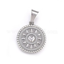 304 Stainless Steel Pendants, Flat Round with Heart, Stainless Steel Color, 28.5x25x2.5mm, Hole: 11x5mm