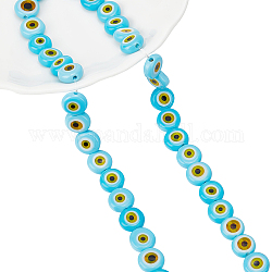 Nbeads 1 Strand Handmade Evil Eye Lampwork Beads Strands, Flat Round, Light Sky Blue, 8x3.2mm, Hole: 1mm
