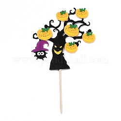 Fieltro tela y papel decoración de la tarjeta de inserción de pastel de árbol de halloween, con palo de bambú, para la decoración de pasteles de halloween, color mezclado, 202mm