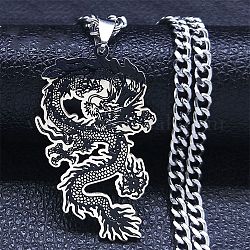 304 Halskette mit Emaille-Anhänger aus Edelstahl für Damen und Herren, Drachen, Edelstahl Farbe, 19.37 Zoll (49.2 cm)