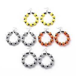 Boucles d'oreilles pendantes à perles rondes en acrylique sur le thème du sport, 304 bijoux en acier inoxydable pour femme, couleur mixte, 78mm, pin: 0.7 mm