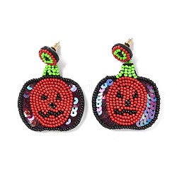 Boucles d'oreilles pendantes tressées en graines de verre de citrouille d'Halloween, 316 bijoux enveloppés en acier inoxydable pour femmes, rouge, 55mm, pin: 0.6 mm
