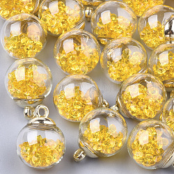 Стеклянный шар подвески, с пластиковыми находками из горного хрусталя и ccb, круглые, золотые, золотые, 21x15.5~16 мм, отверстие : 2 мм