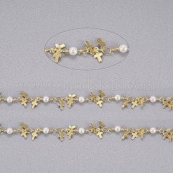 Chaînes de perles en laiton faites à la main de 3.28 pied, avec des breloques en laiton, verre imitation perle, soudé, Plaqué longue durée, croix, blanc, or, 10.5x3.2x3mm, 3.5x2.5x0.3mm