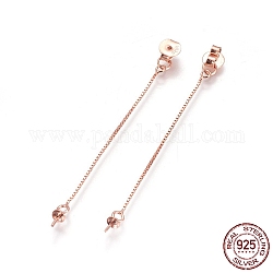 Poussoirs d'oreilles en s925 argent sterling, avec des chaînes de boîte, pour la moitié de perles percées, avec 925 timbre, or rose, 54mm, Trou: 0.6mm, Plateau: 3 mm, pin: 0.6 mm