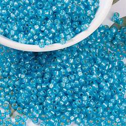 Perles rocailles miyuki rondes, Perles de rocaille japonais, (rr647) teinté aqua albâtre argenté, 8/0, 3mm, Trou: 1mm, à propos 422~455pcs / bouteille, 10 g / bouteille