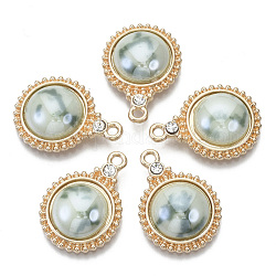 Porcelain Pendants, with Light Gold Plated Brass Findings and Crystal Rhinestone, Half Round, Dark Sea Green, 23x17x5mm, Hole: 1.8mm
