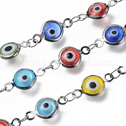 3.28 Feet Handmade Evil Eye Lampwork Link Chains, Soldered, with Brass Findings, Long-Lasting Plated, Flat Round, Gunmetal, Mixed Color, 13x7x2.5mm, Hole: 1.5mm